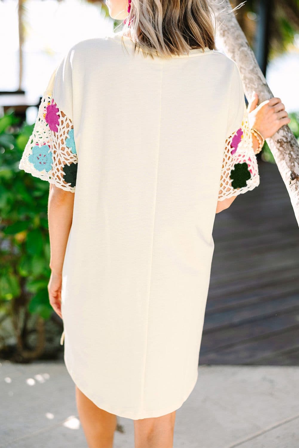 image-White Floral Crochet Splicing Sleeve T Shirt Dress