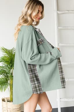 image-Grass Green Plaid Patchwork Waffle Thermal Shacket