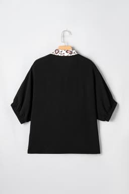 image-Black Dolman Half Sleeve Leopard Patchwork V Neck Blouse
