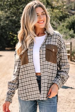 image-Corduroy Plaid Patchwork Shacket with Flap Pockets