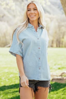 image-Sky Blue Stripe Short Sleeve Button Up Shirt