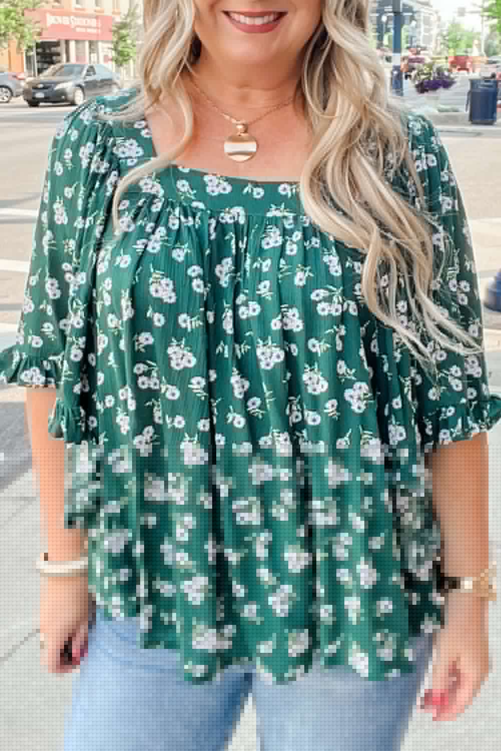 image-Plus Size Floral Print Blouse - Green Ruffled Square Neck