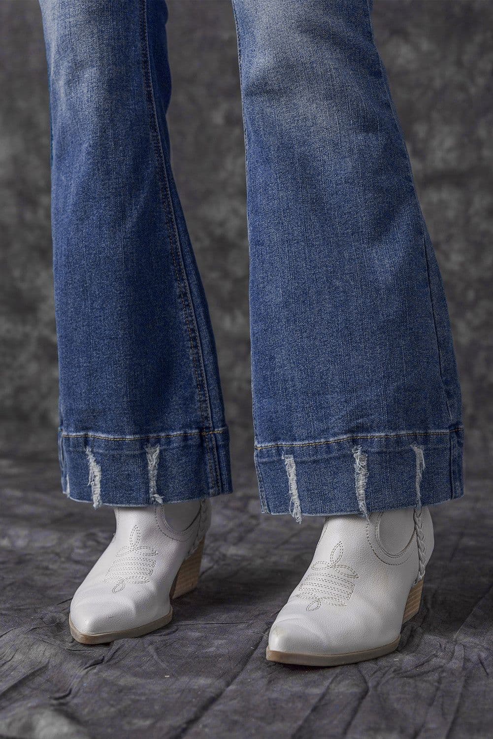 image-Sky Blue Distressed Medium Wash Flare Jeans (65 characters)