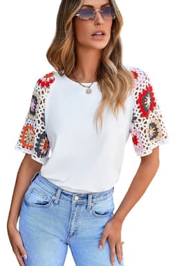 image-White Floral Crochet Top - Short Sleeve, Chic Round Neck, Relaxed Fit