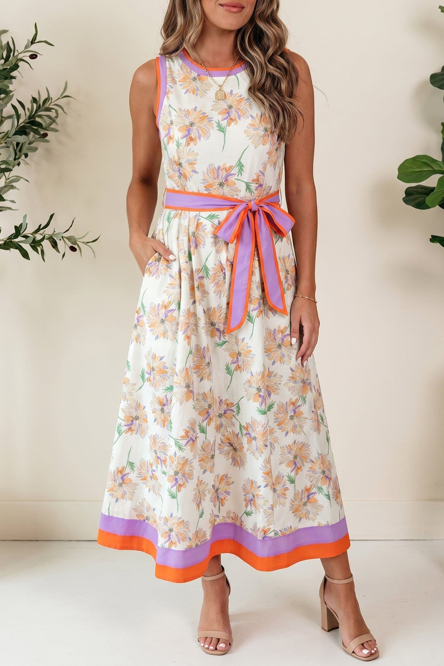 image-White Floral Print Color Block Maxi Dress Belted