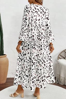 image-White Leopard Print Maxi Dress V-Neck Loose Fit Elegant Tiered Design