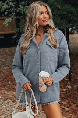 image-Medium Grey Ribbed Knit Shacket - Button Front