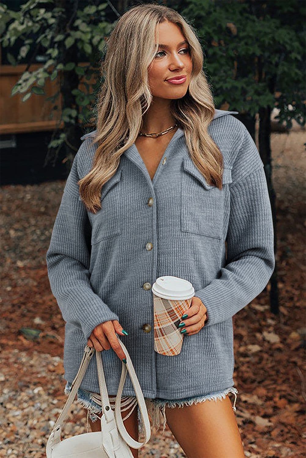 image-Medium Grey Ribbed Knit Shacket - Button Front