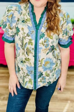 image-Sky Blue Plus Size Frilled V Neck Short Sleeve Floral Blouse