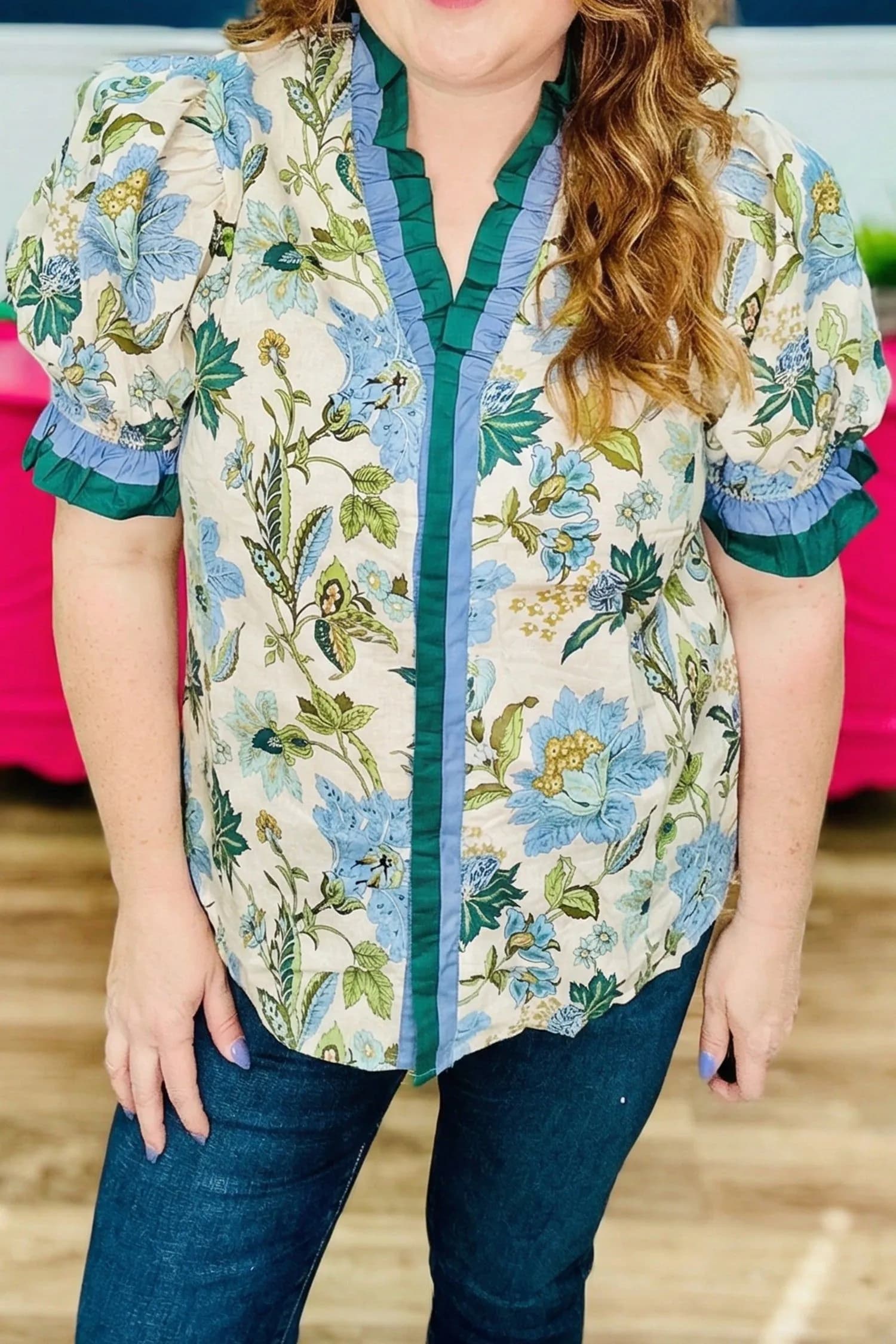 image-Sky Blue Plus Size Frilled V Neck Short Sleeve Floral Blouse