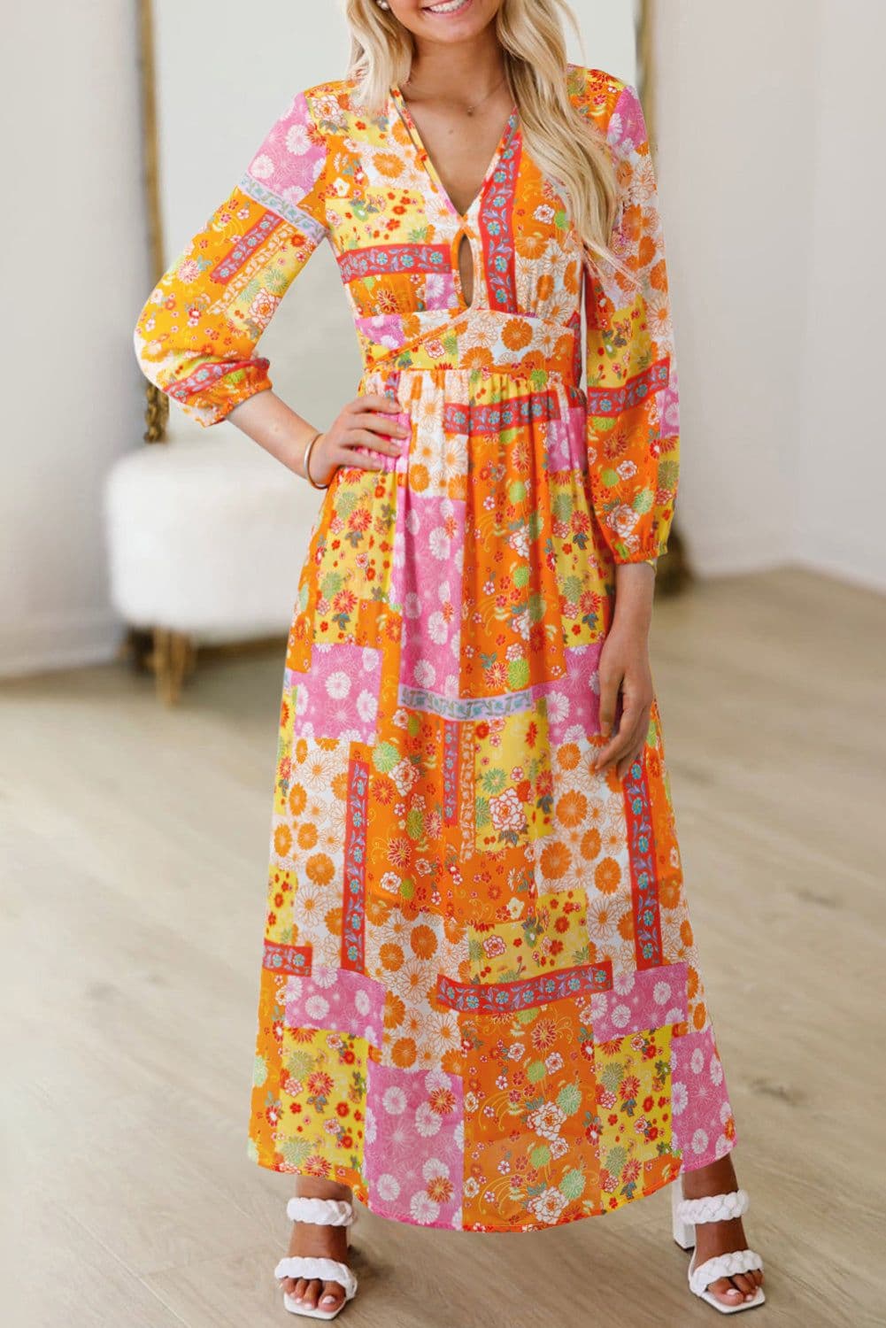 image-Orange Floral Patchwork Maxi Dress - Cutout Tie Back