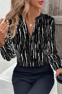 image-White Abstract Printed V Neck Fall Blouse
