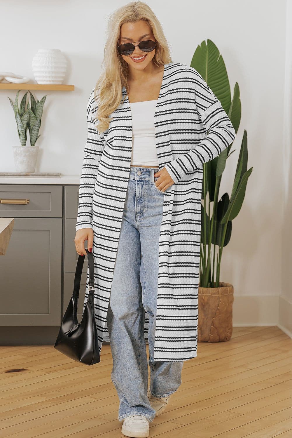 image-Black Stripe Open Front Duster Cardigan