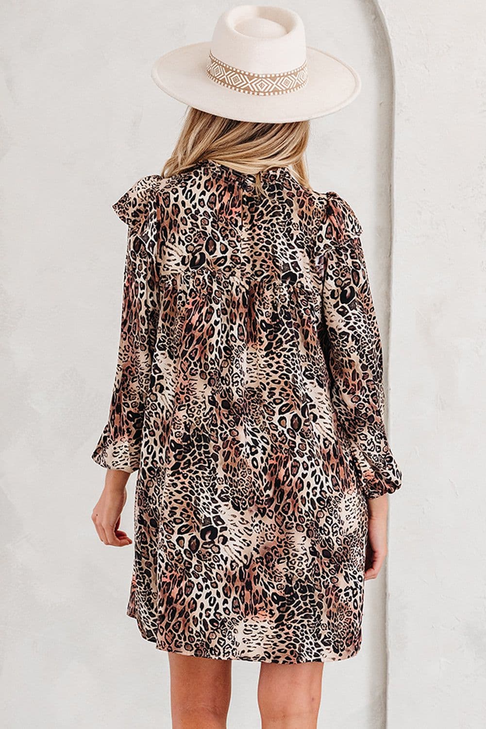 image-Brown Leopard Ruffled Detail Long Sleeve Mini Dress