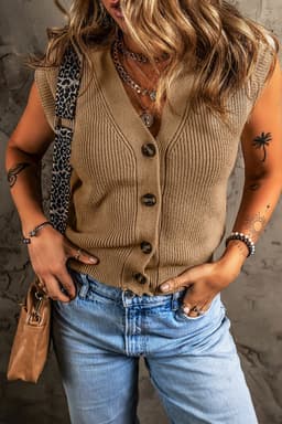 image-Parchment V Neck Buttoned Front Sweater Vest - Elegant & Versatile
