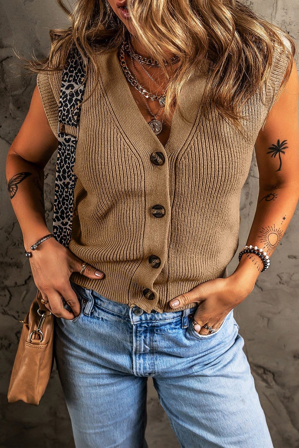 image-Parchment V Neck Buttoned Front Sweater Vest - Elegant & Versatile