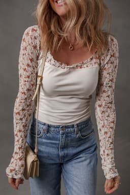 image-White Floral Lace Patchwork Square Neck Long Sleeve Top