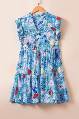 image-Sky Blue Floral Flutter Sleeve V Neck Ruffled Dress
