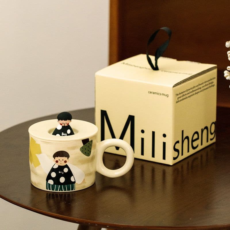 image-Retro Couple Water Cup Ceramic Cup Mug With Lid