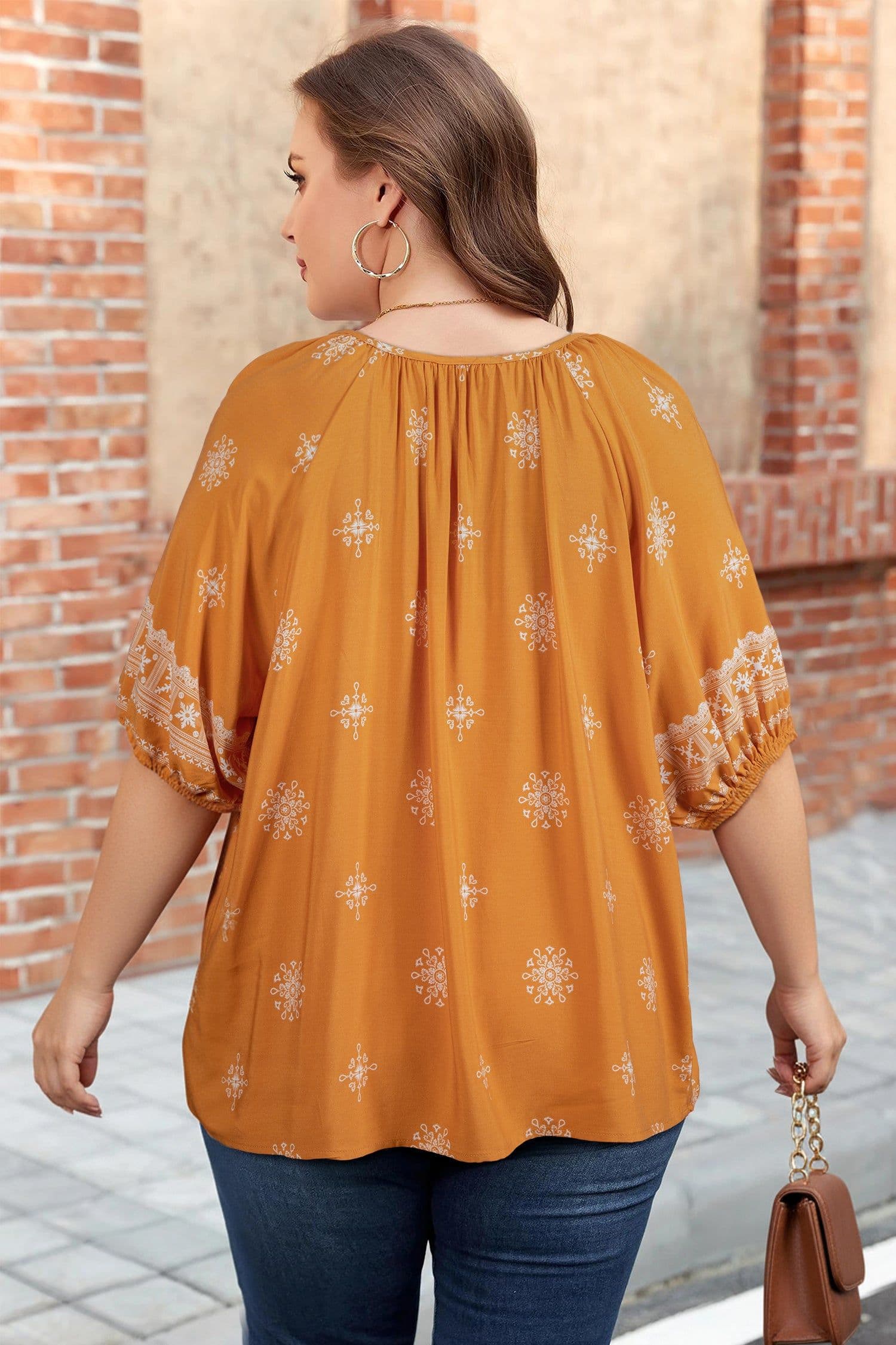 image-Yellow Floral Boho Chic Top - Plus Size Notched V-Neck Short Sleeve