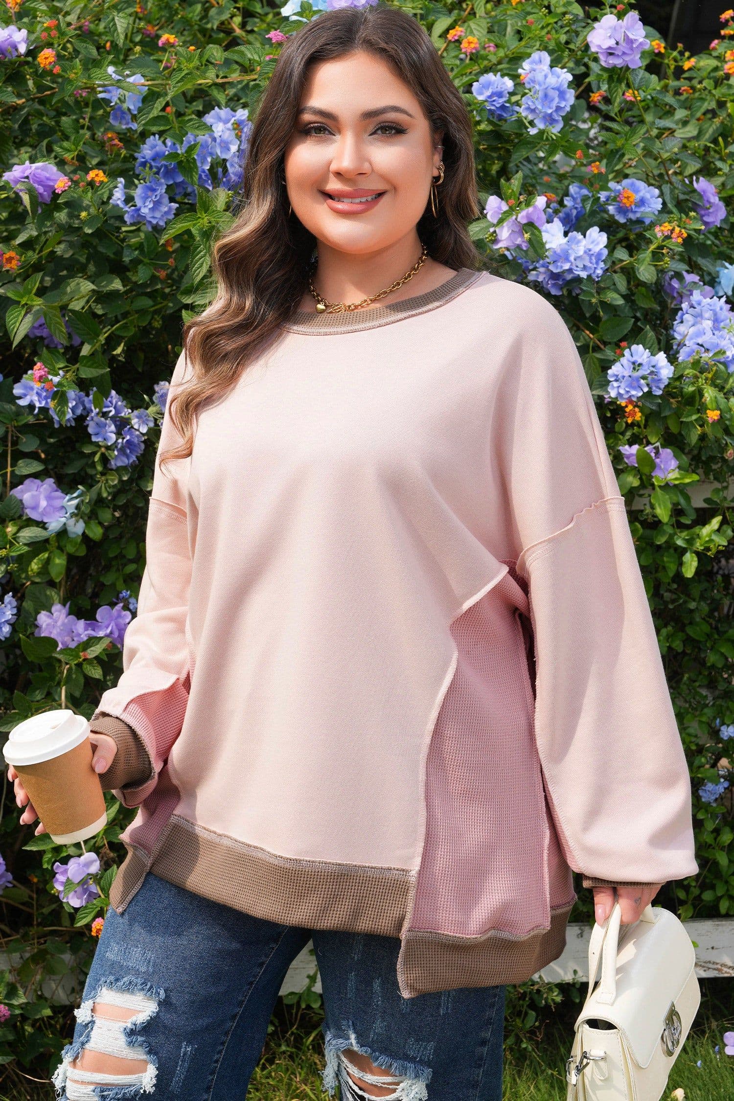 image-Light Pink Plus Color Block Waffle Sweatshirt