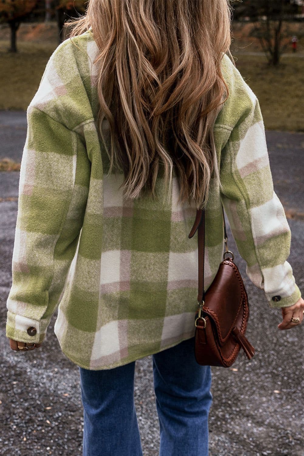image-Sage Green Plaid Baggy Shacket - Buttoned Flap Pockets