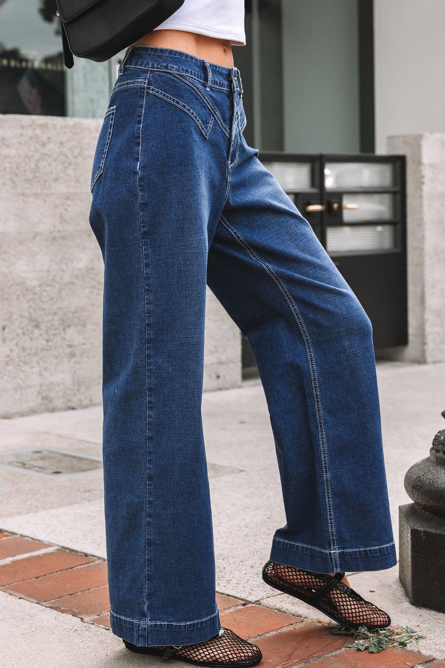image-Sail Blue Stitched Waist Detail Loose Cuffed Jeans