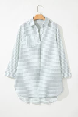 image-White V-Neck Beach Cover Up with Stripe Collar & Long Sleeves - Sizes S-2XL