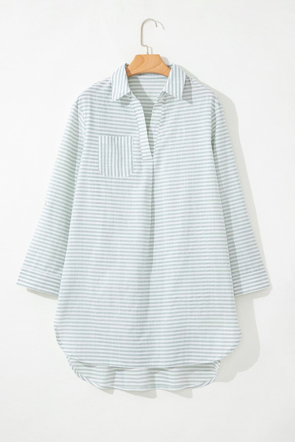image-White V-Neck Beach Cover Up with Stripe Collar & Long Sleeves - Sizes S-2XL