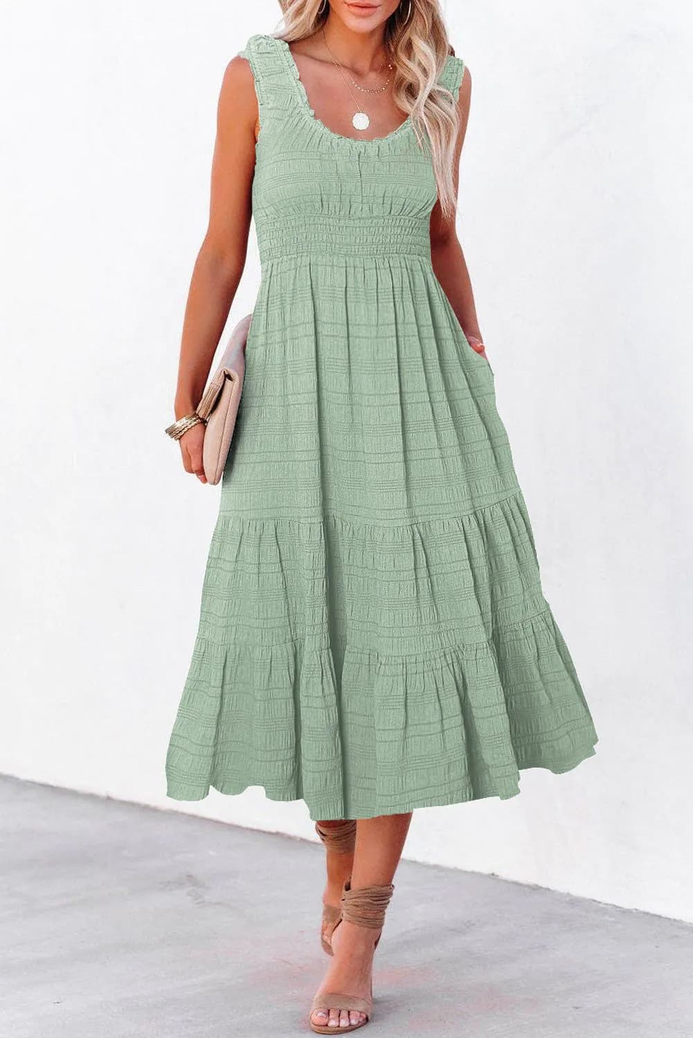 image-Rose Shirred Pleated Square Neck Sleeveless Midi Dress