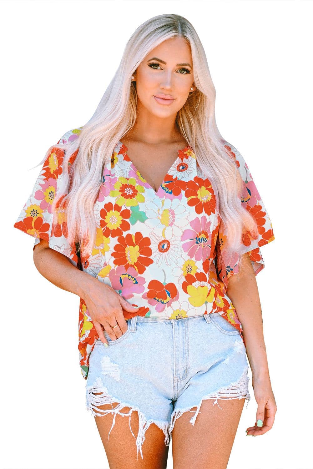 image-Multicolor Floral Print V Neck Half Sleeve Blouse