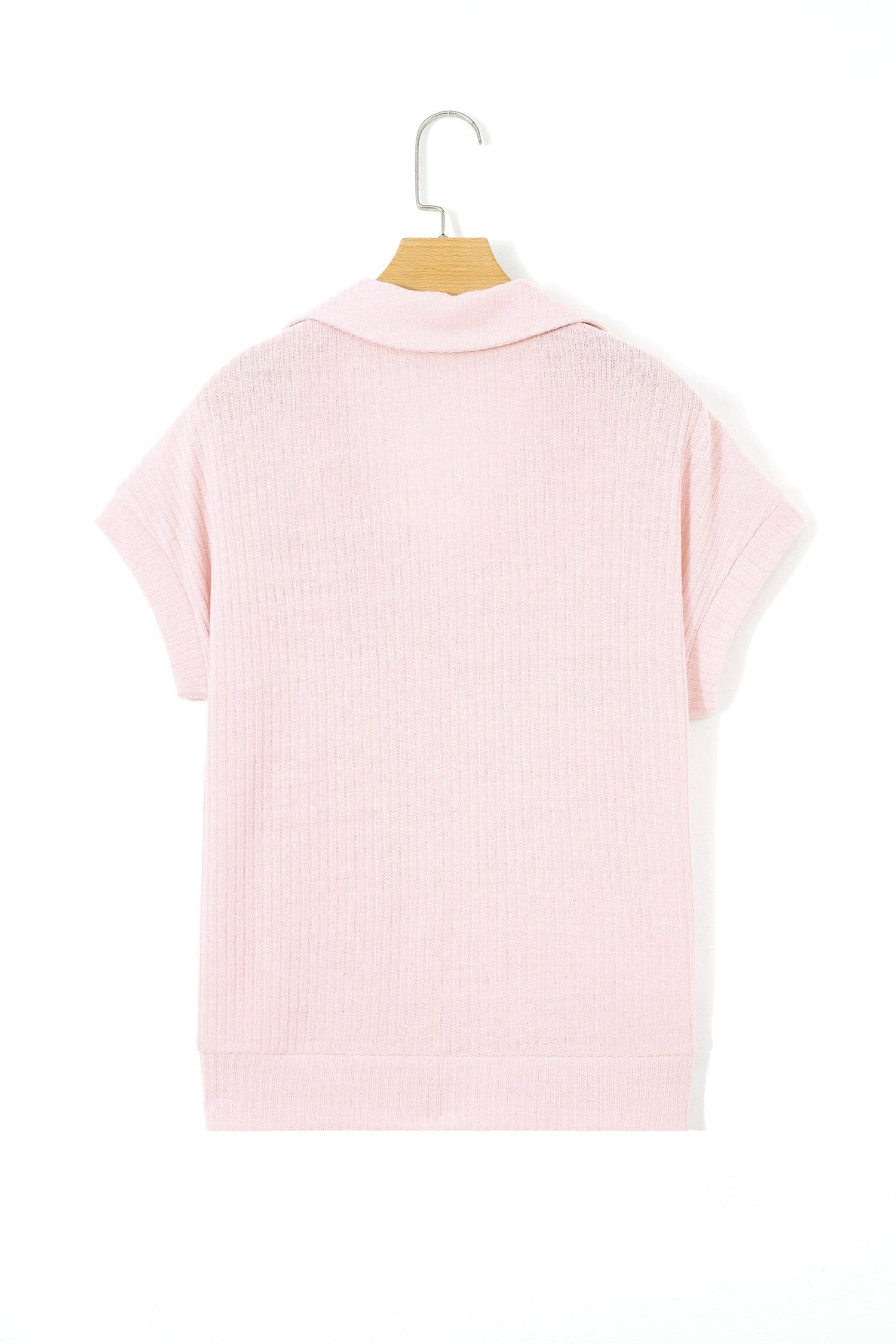 image-Light Pink Collared V Neck Ribbed Tee