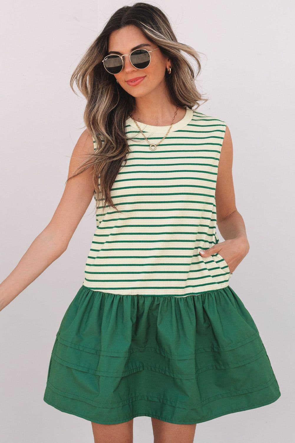 image-Green Stripe Woven Ruffled Sleeveless Mini Dress - Summer Casual Wear
