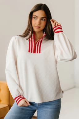 image-White Knit Pullover - Striped Contrast Zip Collar