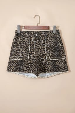 image-Khaki Contrast Scalloped Lace Trim Leopard Denim Shorts