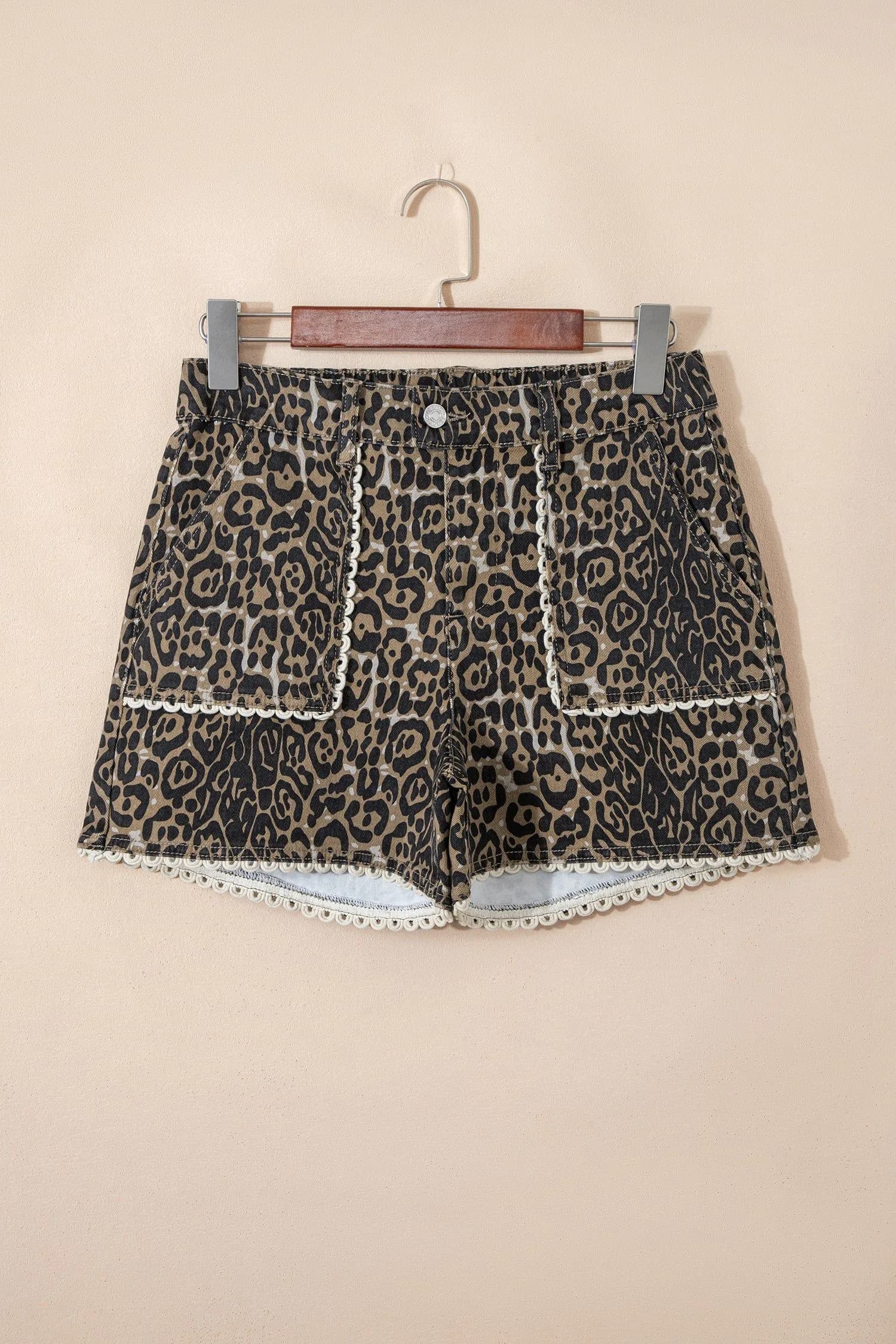 image-Khaki Contrast Scalloped Lace Trim Leopard Denim Shorts