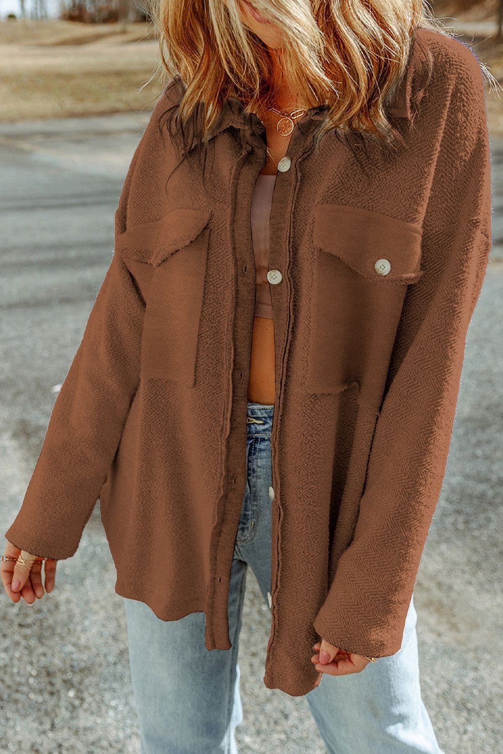 image-Brown Exposed Seam Terry Patchwork Shacket