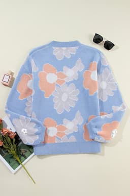 image-Beau Blue Floral O-Neck Drop Shoulder Sweater