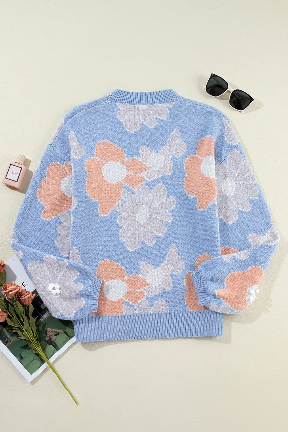 image-Beau Blue Floral O-Neck Drop Shoulder Sweater