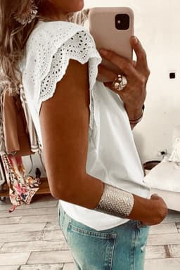 image-White Eyelet Embroidered Flutter Sleeve V-Neck Tee - 95% Cotton