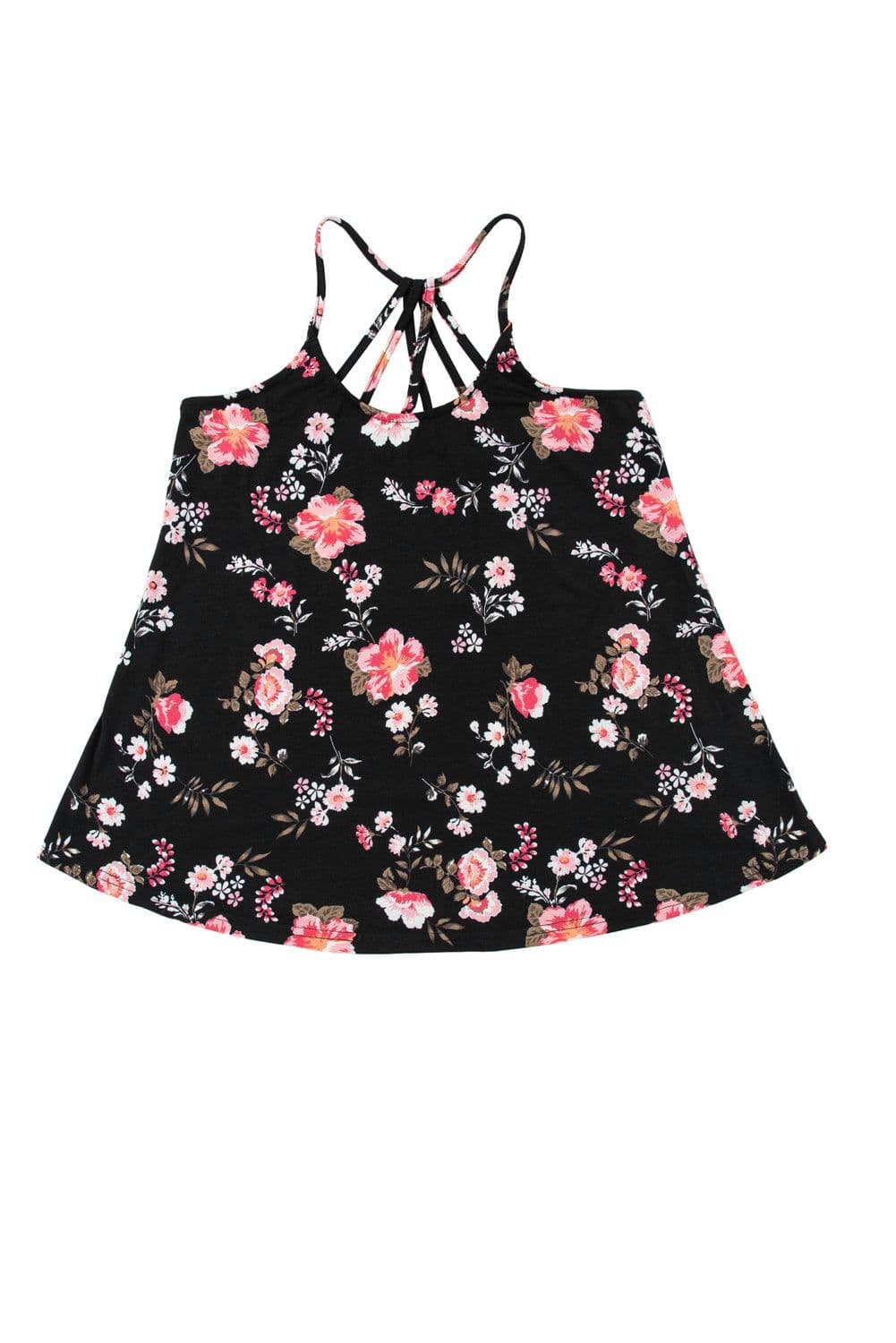 image-Black Floral Spaghetti Straps Strappy Back Tank Top