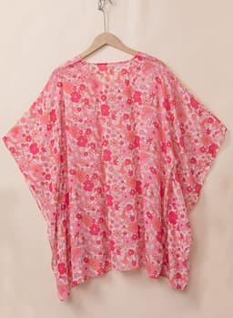 image-Pink Boho Floral V Neck Kimono Blouse - Oversized