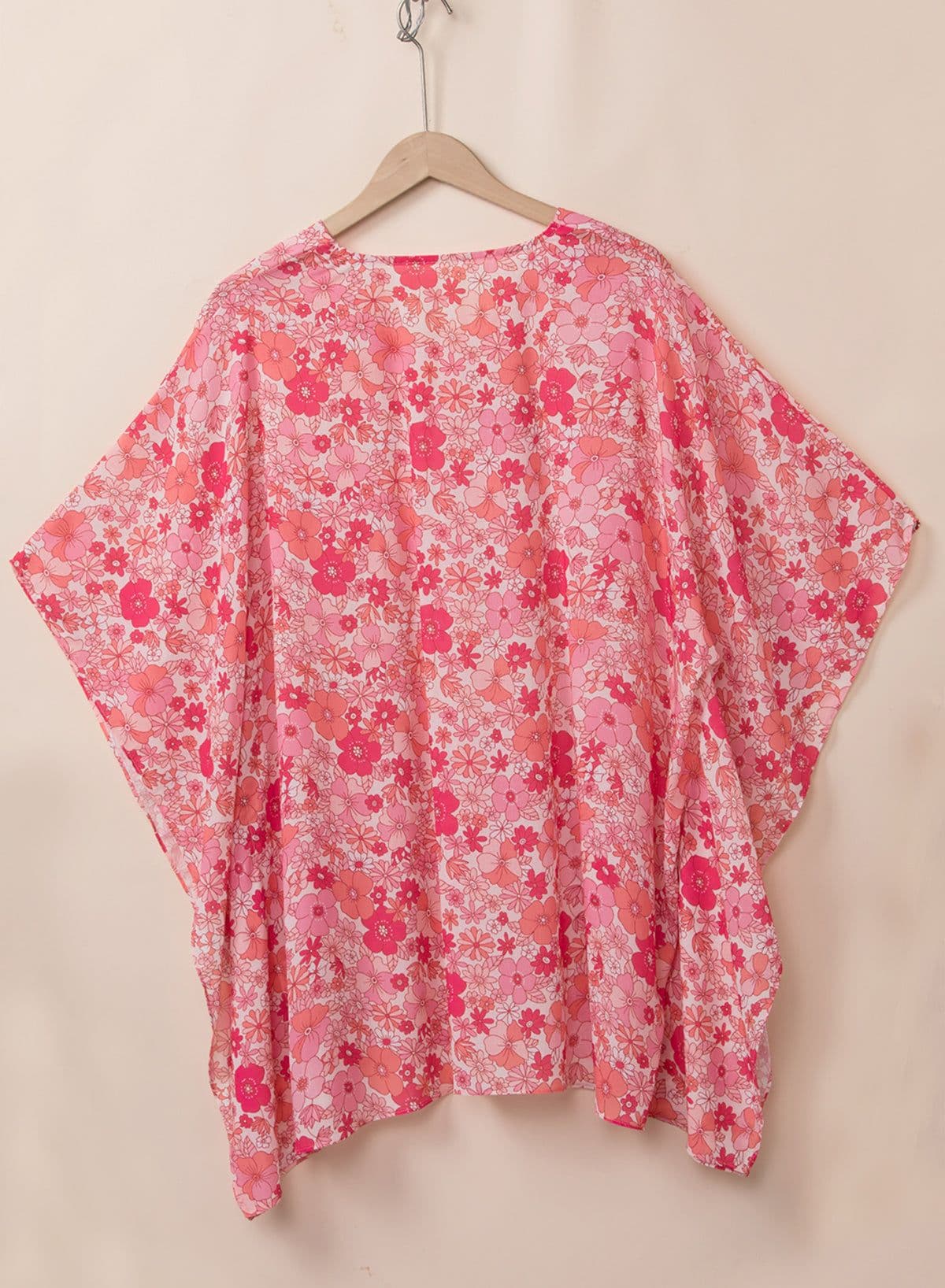 image-Pink Boho Floral V Neck Kimono Blouse - Oversized