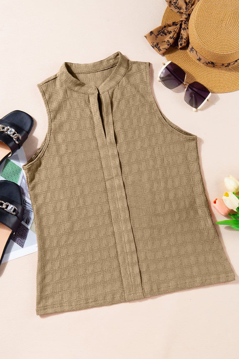 image-Black Lattice Split Neck Tank Top