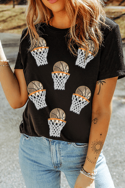 image-Black Sequin Basketball Graphic Game Day T-Shirt