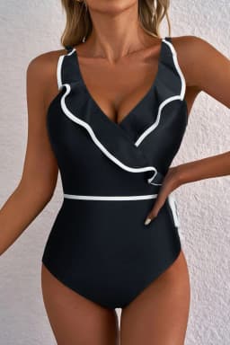 image-Black Ruffled Wrap V-Neck Swimsuit Contrast