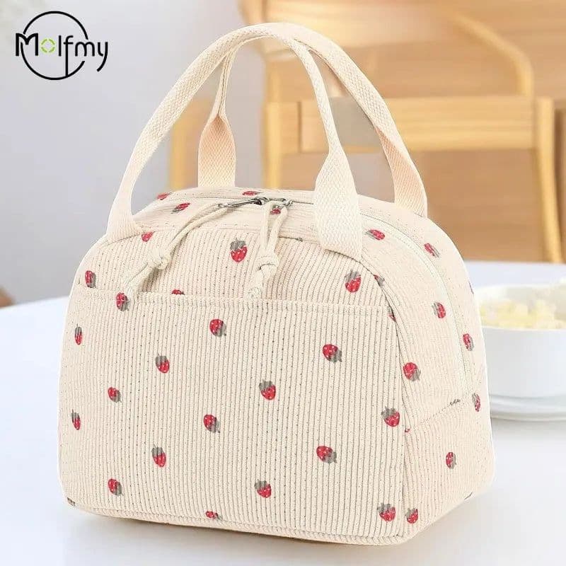 image-Corduroy Lunch Bag Thermal Insulation Lunch Box Storage Handbag Multifunctional Kid School Cooler Bag Picnic FoodPouch Loncheras