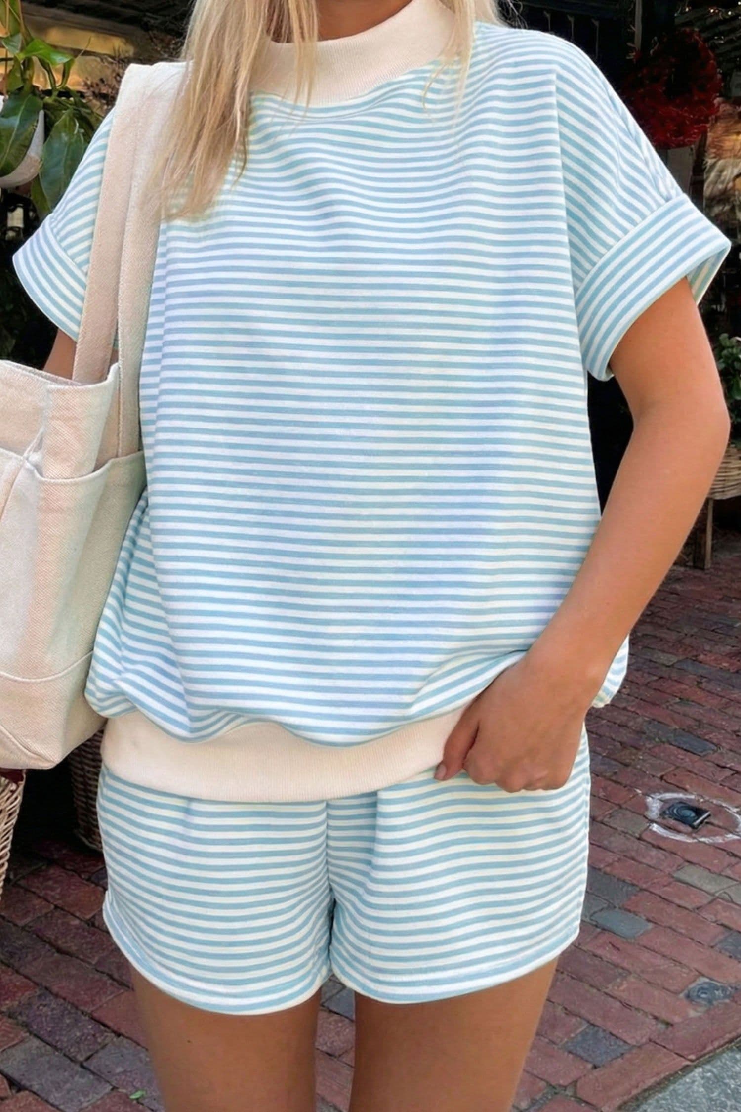 image-Sky Blue Stripe Cuffed Sleeve Contrast Mock Neck Tee Casual 2pcs Short Set