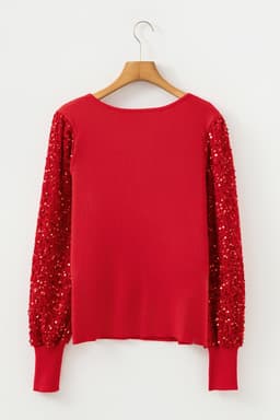 image-Fiery Red Sequin Sleeve Holiday Sweater - Square Neck
