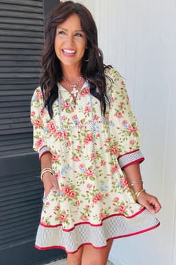 image-Apricot Striped Edge 3/4 Puff Sleeve Floral Dress